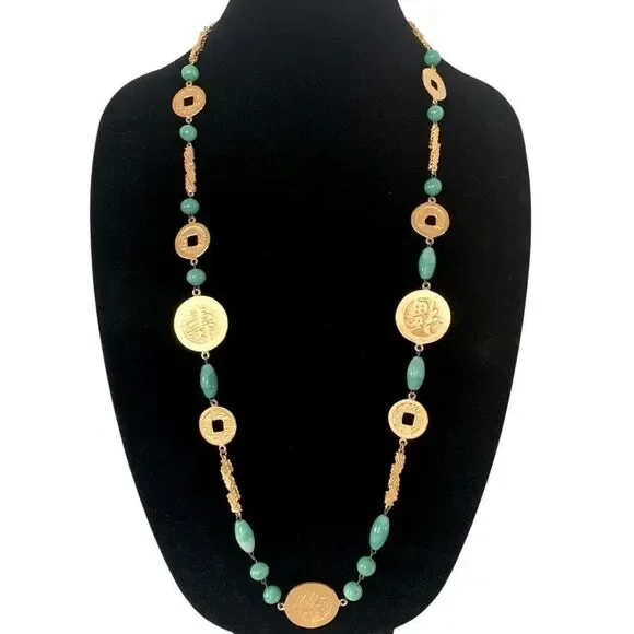 Vintage Kenneth Jay Lane Asian Medallion Green Jade Necklace - Picture 1 of 5